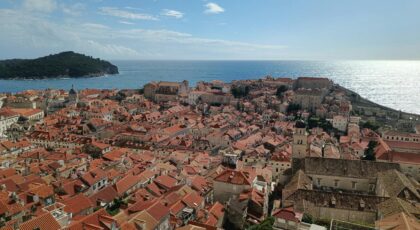 Explore the stunning aerial view of Dubrovnik's iconic Old Town and Adriatic Sea under a bright sky.