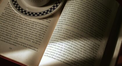 An open book with a coffee cup, capturing a serene reading atmosphere indoors.