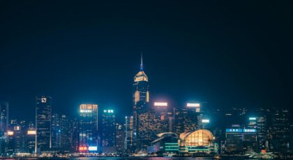 A captivating view of Hong Kong's skyline illuminated against the night sky.
