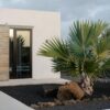 Stylish villa exterior with tropical palm trees in Lanzarote, showcasing modern architecture and lush greenery.