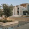 Modern luxury house exterior with glass facade, landscaped garden, and water feature.