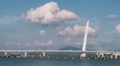 Stunning view of Shenzhen Bay Bridge under a clear blue sky, showcasing modern architectural design.